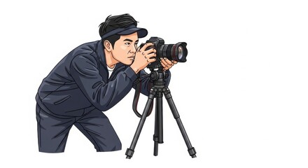 Young Man Photographer Using Camera on Tripod in Studio Setting
