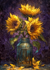 Three radiant sunflowers stand tall in a weathered jar, their golden petals glowing against a rich purple backdrop, capturing the essence of creativity and natural elegance in full bloom.