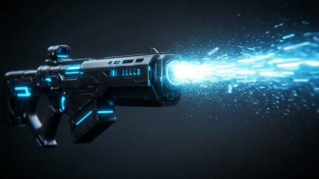 Futuristic laser gun firing energy blast in dark space