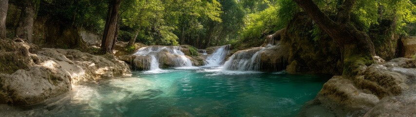 Fototapeta premium Serene waterfall adventure nature reserve hdr 360 degrees hdri view