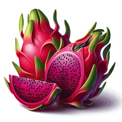 Realistic Dragon Fruit with Slice, Pitaya Fresh Exotic Fruit Vector Illustration