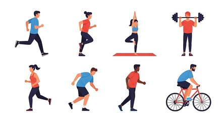 Diverse Group of People Engaging in Various Fitness Activities Running, Yoga, Weightlifting, and Cycling