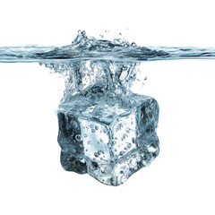 Obraz premium Ice cube splashing in water isolated on transparent background cutout