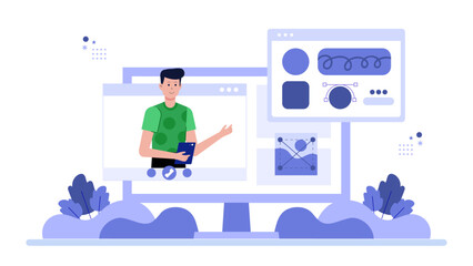 UX Researcher Conducting Online User Interviews, flat vector illustration