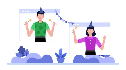 Employees Celebrating Milestone with Virtual Toast, flat vector illustration
