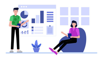 Obraz premium Business Analyst Reviewing Key Performance Indicators, flat vector illustration