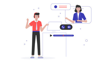 Remote Worker Attending Virtual Networking Event, flat vector illustration