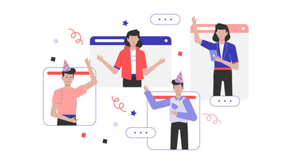 Employees Celebrating Milestone with Virtual Toast, flat vector illustration