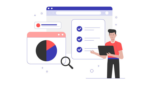 UX Researcher Conducting Online User Interviews, flat vector illustration