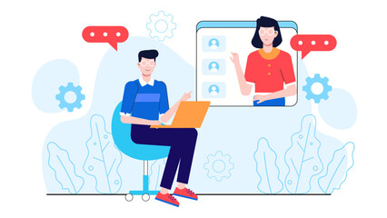 Remote Worker Attending Virtual Networking Event, flat vector illustration