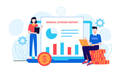 Finance Group Preparing Annual Expense Report, flat vector illustration