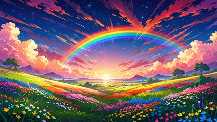 Colorful landscape. The background is filled with vibrant colors of a sunset sky, rainbow-colored hills, and blooming flowers. The scene is vibrant and eye-catching, with bright lights and creative co