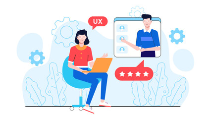 UX Researcher Conducting Online User Interviews, flat vector illustration