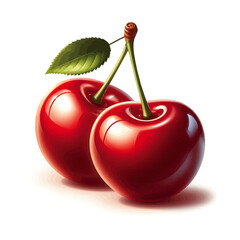 Realistic Cherry Pair with Leaf, Fresh Red Fruit Vector Illustration