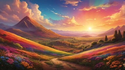 Colorful landscape. The background is filled with vibrant colors of a sunset sky, rainbow-colored hills, and blooming flowers. The scene is vibrant and eye-catching, with bright lights and creative co
