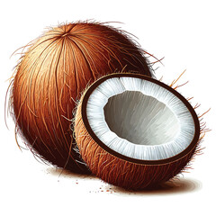 Realistic Coconut with Half Cut Showing White Flesh, Fresh Tropical Fruit Vector Illustration