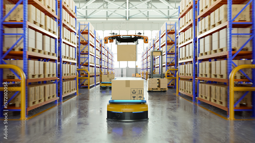 Aufkleber automated warehouse: robots and drones optimizing logistics and inventory- 3d rendering