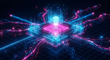 Abstract Digital Chip Neon Glow, Data Streams, and Circuitry