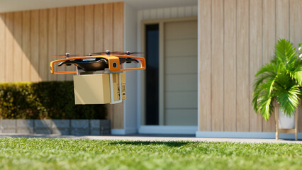 Drone delivery service,autonomous quadcopter carrying package to residential home- 3D rendering