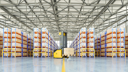 Automated warehouse robot lifting packages in modern storage facility- 3D rendering