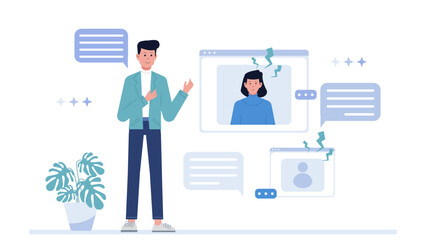 HR Group Leading Remote Conflict Resolution Session, flat vector illustration