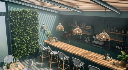Green-Themed Cafe with Modern Design Elements