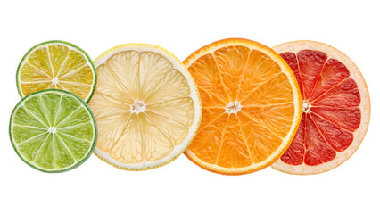 Dried and fresh citrus fruits wheel slices PNG set, cutout isolated on transparent background.
