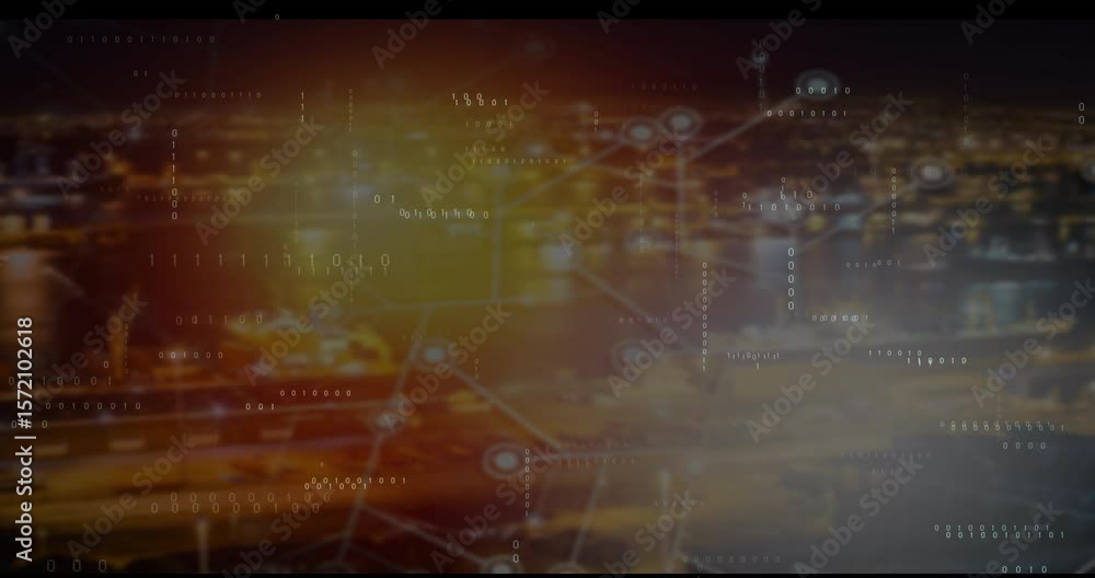 Poster city lights fading initiating floating binary streams linking network nodes visualizing data flow