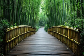 Fototapeta premium Bamboo Forest Pathway with Wooden Bridge in Lush Green Jungle