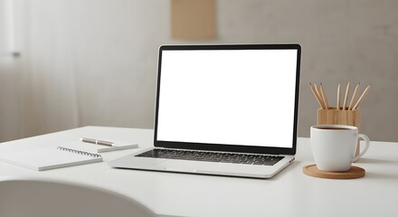 Fototapeta premium Open Laptop with White Screen on Office Desk