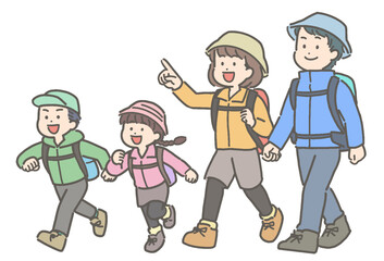 ハイキングや登山をする4人家族のイラスト
