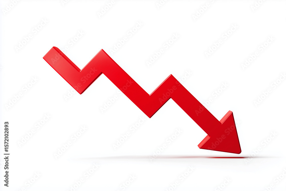 Poster a simple red arrow pointing downward, a graph line clipart on a white background. arrow pointing dow