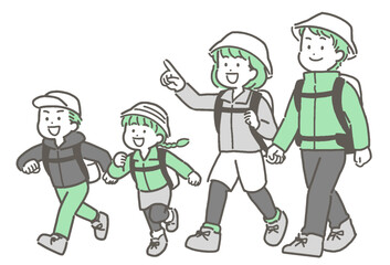 ハイキングや登山をする4人家族のイラスト
