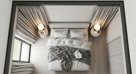 Serene Bedroom Sanctuary: Aerial View of Bed with Nightstands