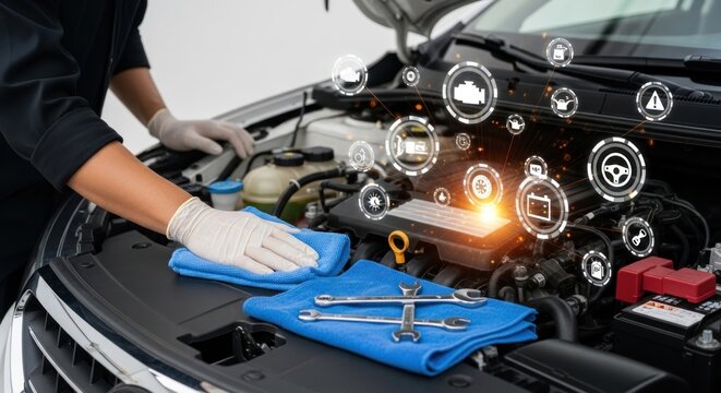 Mechanic servicing car engine with digital icons and tools for maintenance and repair work shown