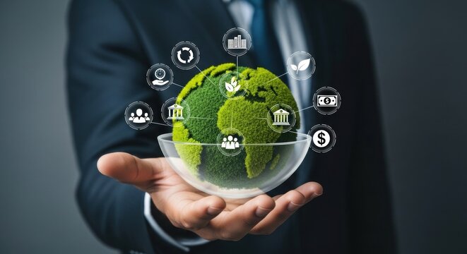 A person holding a green globe in their hand with various icons floating around it in a suit jacket