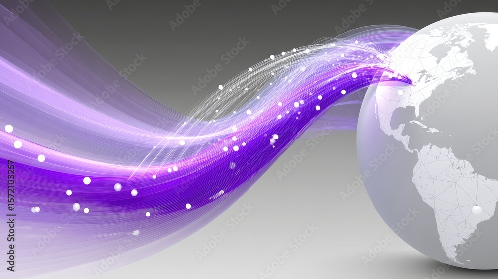 Poster abstract global network visualization: purple data wave flowing around earth