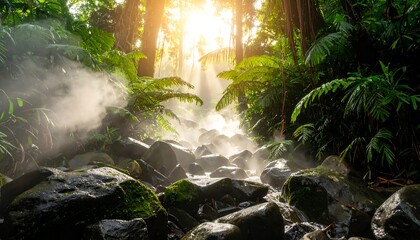 Steam rising from a rocky stream in a lush jungle