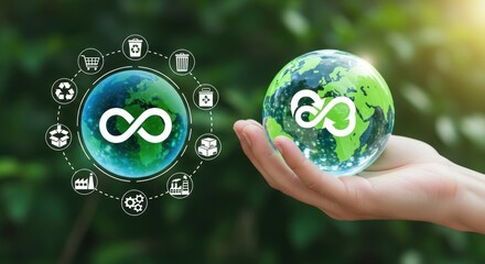 Hand holding globe with recycling symbol and circular economy icons on a blurred green background