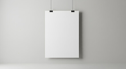 Blank White Poster Hanging on Minimalist Light Gray Wall in Modern Interior