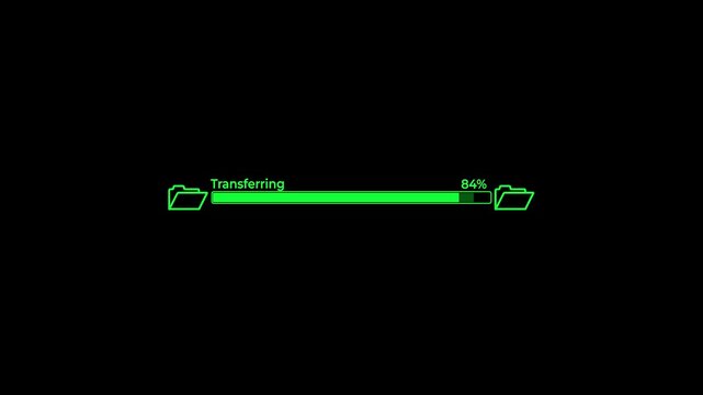 Animated file transfer process with progress bar and two open folders. Folder to folders file transfer animation seamless loop. Suitable for business, data management, transfer, and document related 