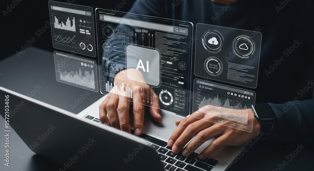 Poster person typing on laptop with ai interface and data visualization overlays on a dark background