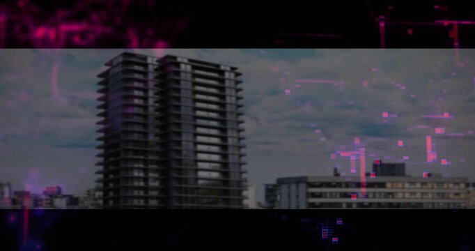 Frame advancing activating purple-magenta glitch patterns over high-rise tower for digital scanning