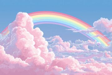 Shining fantastic colorful rainbow background, rainbow on the top of some clouds.