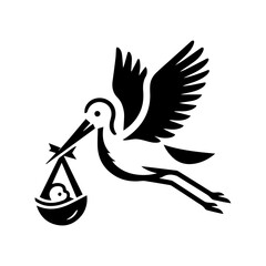 Simple black stork carrying baby icon on transparent background. Minimalist vector illustration of birth legend, perfect for nursery decor, baby announcements, and parenting designs. 