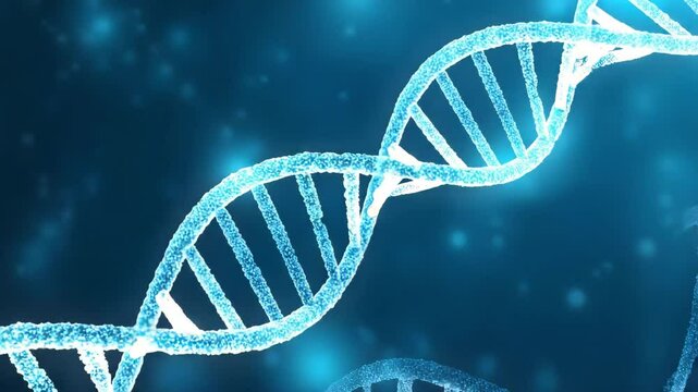 A luminous dna double helix structure against a dark blue gradient background with light particles. Dna strand in glowing blue light. Genetic science 3d illustration. Abstract view of dna molecule