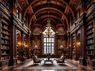 Fototapeta premium Grand Classical Library with Rich Wood Paneling and a Large Chandelier