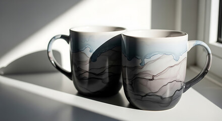Morning Serenity: Twin Ink-Swirl Mugs in Sunlight