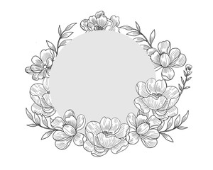 Hand Drawn Anemone Flower and Leaves Wreath