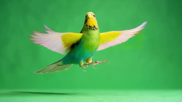 A vibrant budgerigar in mid flight against a solid green backdrop with wings fully extended green screen bird video